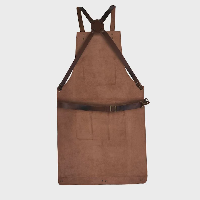 Premium Genuine Leather Work Apron – Heavy-Duty Cross-Back Apron with Utility Pockets & Towel Ring for Chefs, Barbers, Woodworkers, & BBQ
