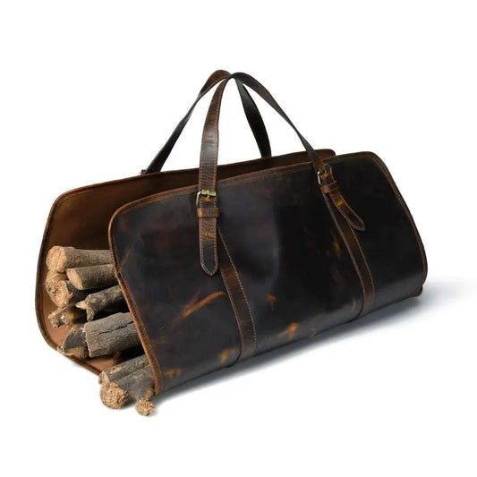 Rustic Genuine Leather Firewood Carrier & Log Tote Bag