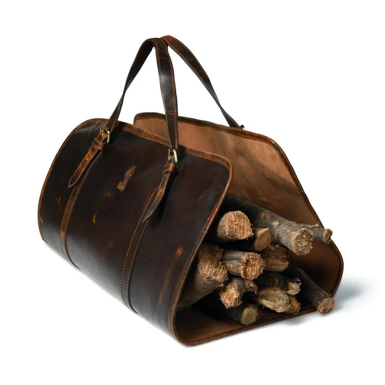 Rustic Genuine Leather Firewood Carrier & Log Tote Bag