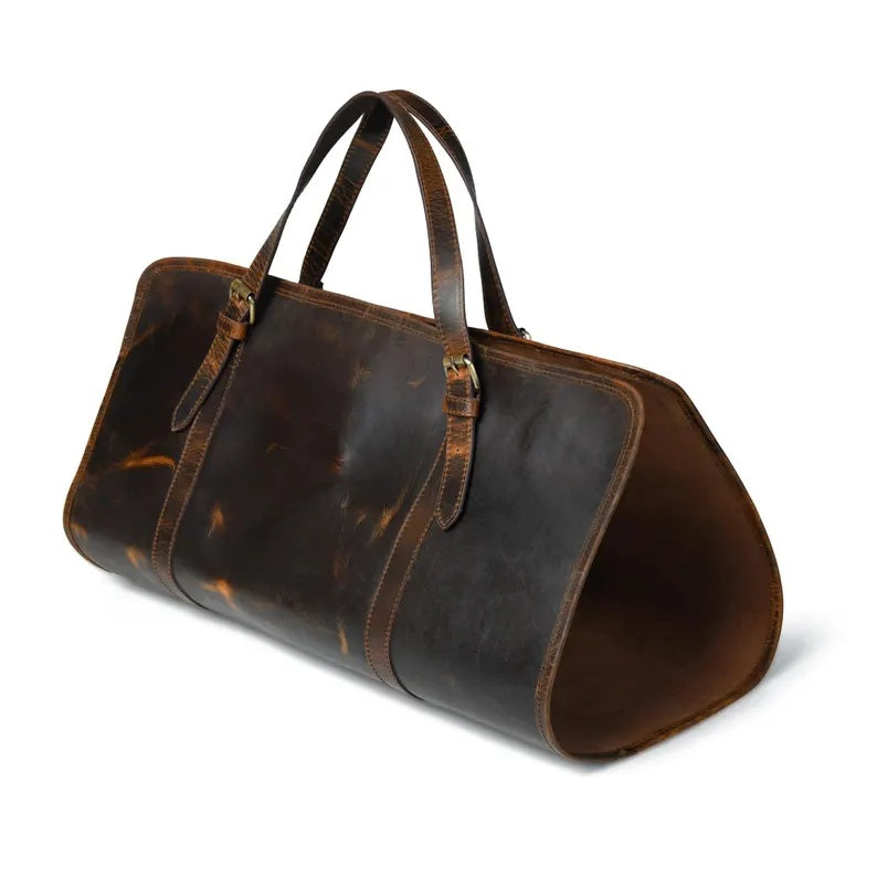 Rustic Genuine Leather Firewood Carrier & Log Tote Bag