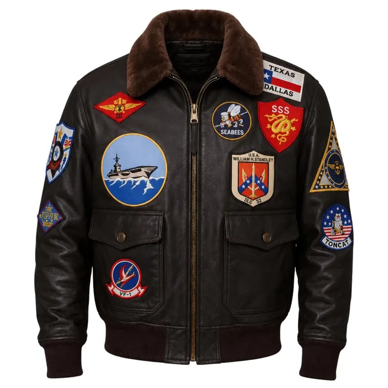 Men's Vintage USS Galveston CLG-3 Far East Cruise Patched Leather Bomber Jacket with Fur Collar
