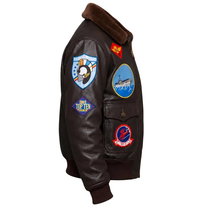 Men's Vintage USS Galveston CLG-3 Far East Cruise Patched Leather Bomber Jacket with Fur Collar