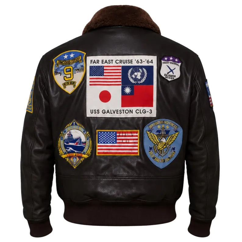 Men's Vintage USS Galveston CLG-3 Far East Cruise Patched Leather Bomber Jacket with Fur Collar