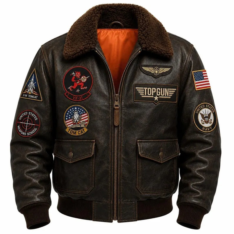 Men's Vintage Top Gun F-14 Tomcat Aviator Leather Jacket with Removable Fur Collar
