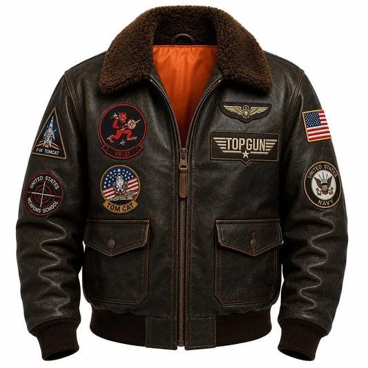 Men's Vintage Top Gun F-14 Tomcat Aviator Leather Jacket with Removable Fur Collar