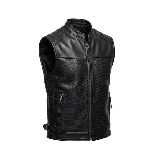 Men's Black Perforated Leather Biker Vest with Band CollarPremium Vented Motorcycle Leather Vest for MenCasual Club Style Perforated Leather Vest with Zipper Pockets