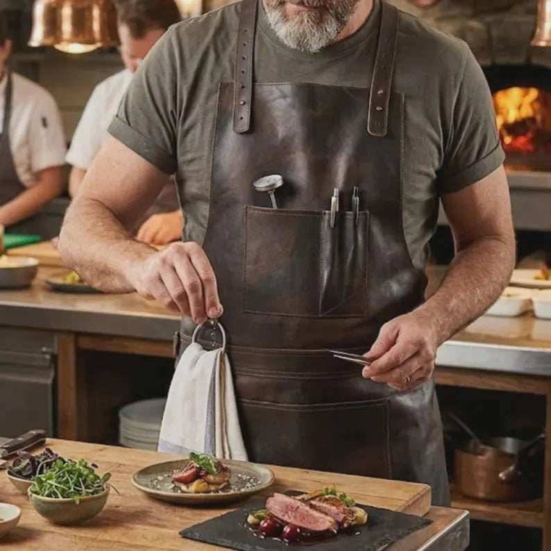 Premium Genuine Leather Work Apron – Heavy-Duty Cross-Back Apron with Utility Pockets & Towel Ring for Chefs, Barbers, Woodworkers, & BBQ