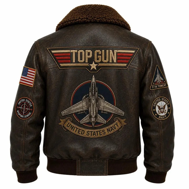 Men's Vintage Top Gun F-14 Tomcat Aviator Leather Jacket with Removable Fur Collar