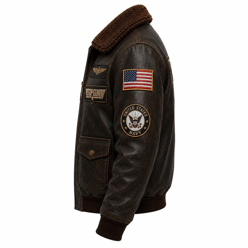 Men's Vintage Top Gun F-14 Tomcat Aviator Leather Jacket with Removable Fur Collar