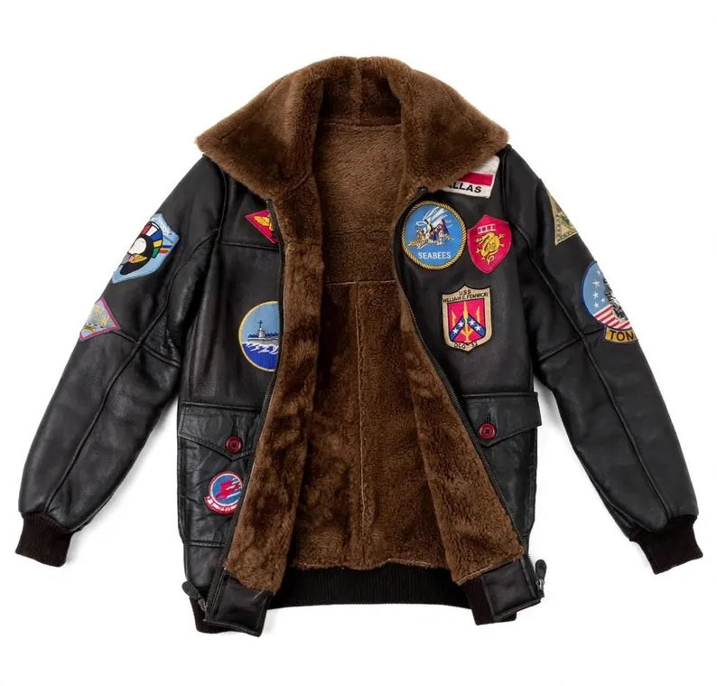 Men's Vintage Leather Flight Jacket with Faux Shearling Collar and Military Patches
