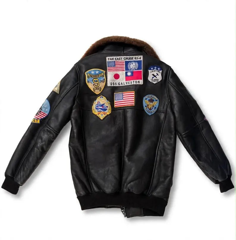 Men's Vintage Leather Flight Jacket with Faux Shearling Collar and Military Patches