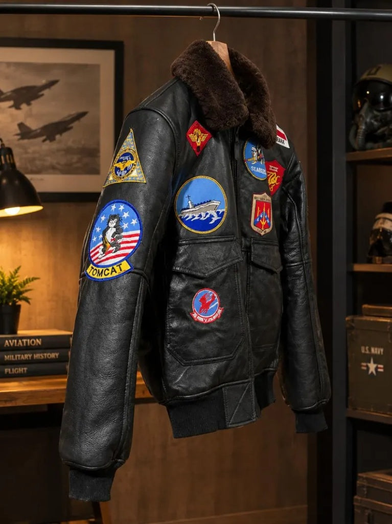 Men's Vintage Leather Flight Jacket with Faux Shearling Collar and Military Patches