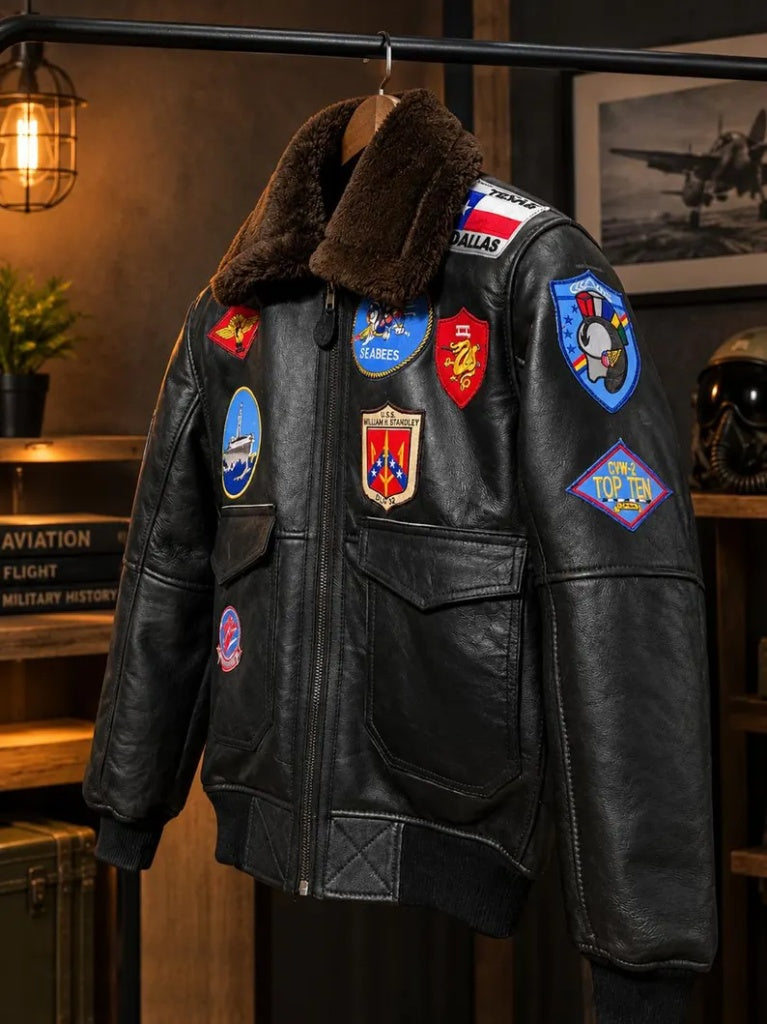 Men's Vintage Leather Flight Jacket with Faux Shearling Collar and Military Patches