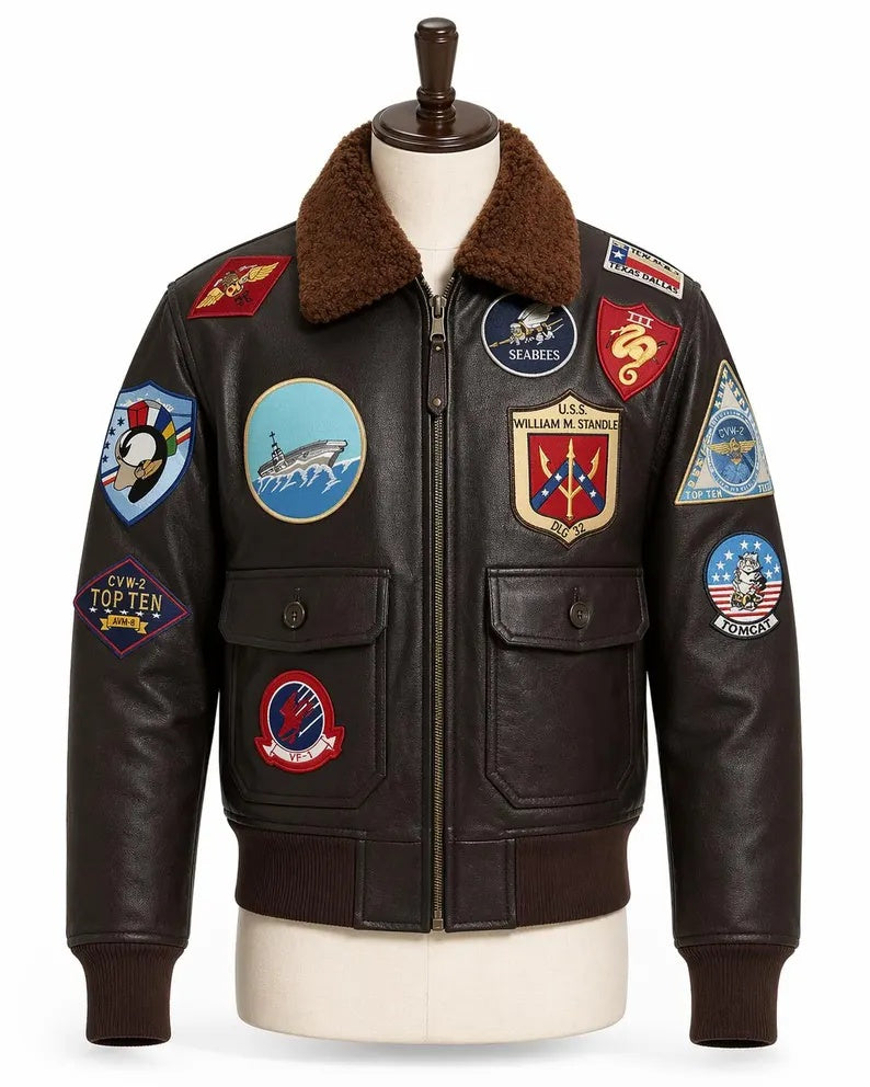 Men's Brown Leather Flight Jacket with Authentic Military Patches and Shearling Collar