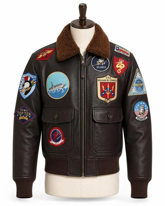 Men's Brown Leather Flight Jacket with Authentic Military Patches and Shearling Collar