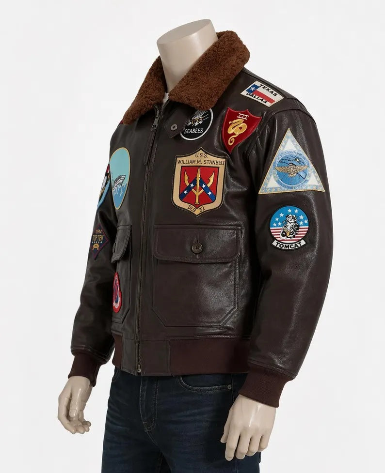 Men's Brown Leather Flight Jacket with Authentic Military Patches and Shearling Collar