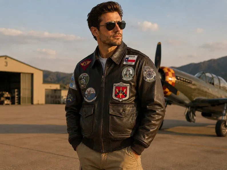 Men's Vintage Aviator Leather Bomber Jacket with Military Patches and US Flag Back