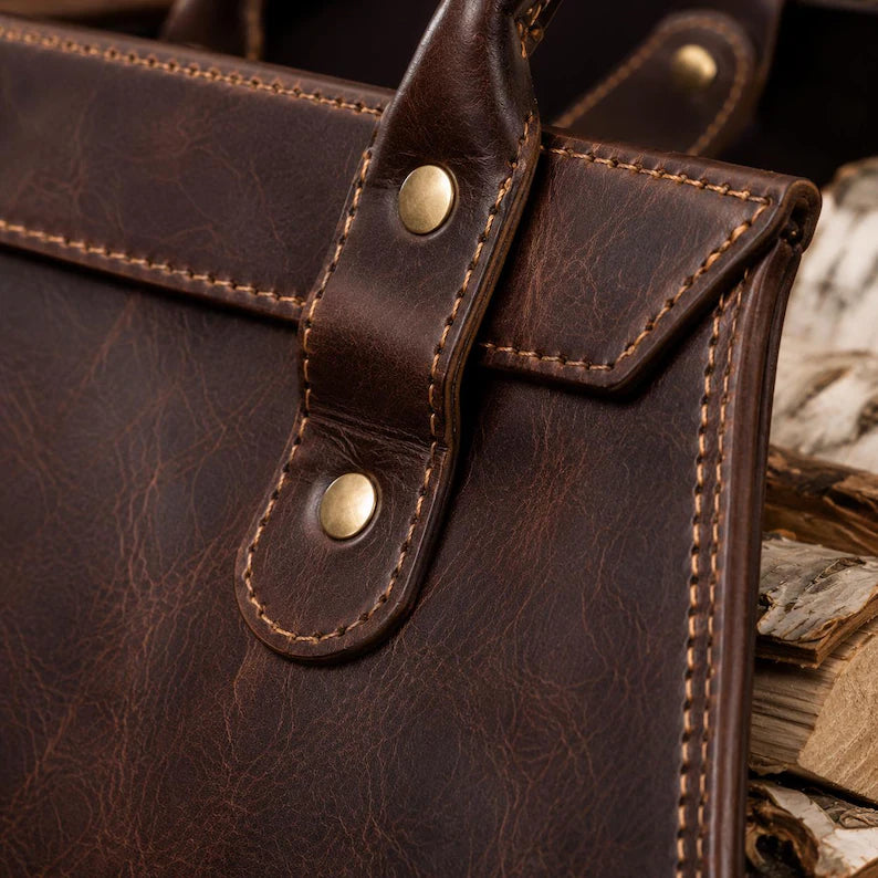 Premium Leather Firewood Carrier Bag with Sturdy Handles & Open-End Design