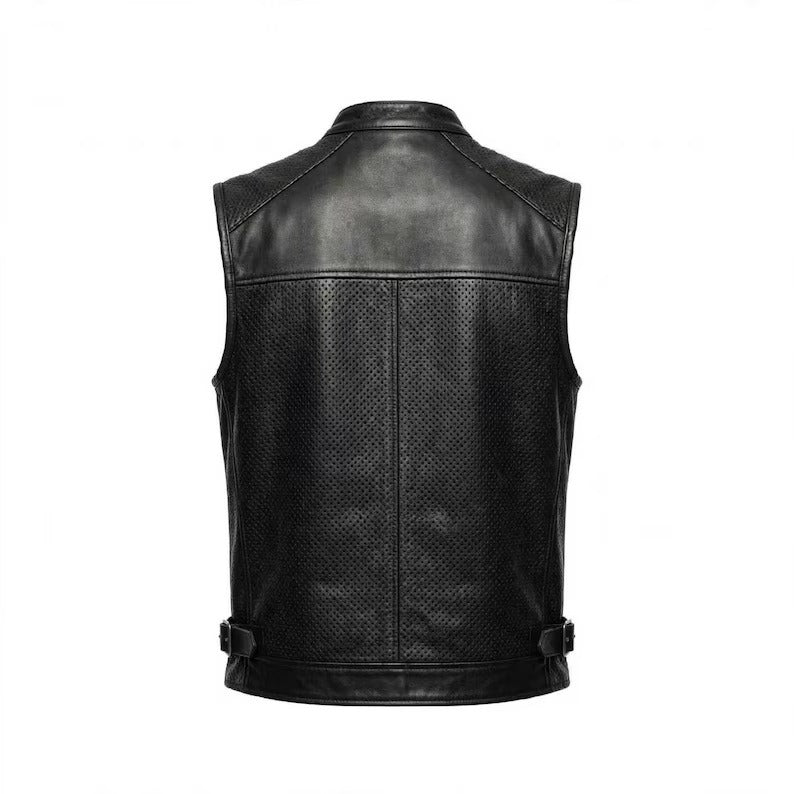 Men's Black Perforated Leather Biker Vest with Band CollarPremium Vented Motorcycle Leather Vest for MenCasual Club Style Perforated Leather Vest with Zipper Pockets