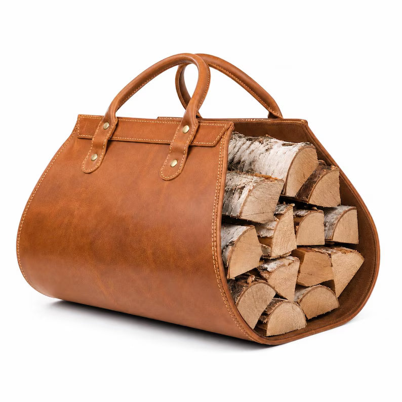 Premium Leather Firewood Carrier Bag with Sturdy Handles & Open-End Design