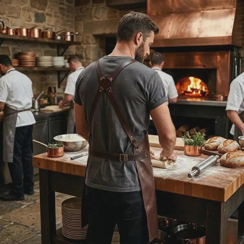 Premium Genuine Leather Work Apron – Heavy-Duty Cross-Back Apron with Utility Pockets & Towel Ring for Chefs, Barbers, Woodworkers, & BBQ