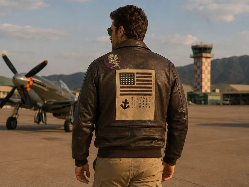Men's Vintage Aviator Leather Bomber Jacket with Military Patches and US Flag Back