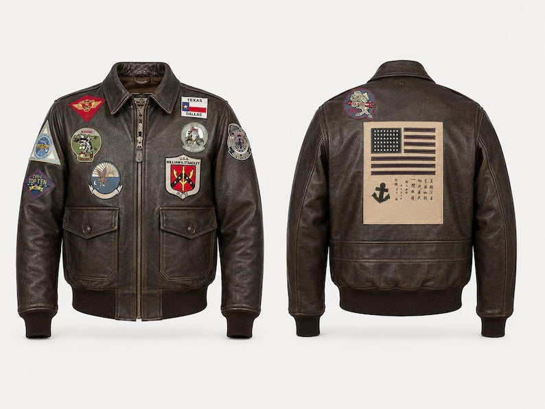 Men's Vintage Aviator Leather Bomber Jacket with Military Patches and US Flag Back