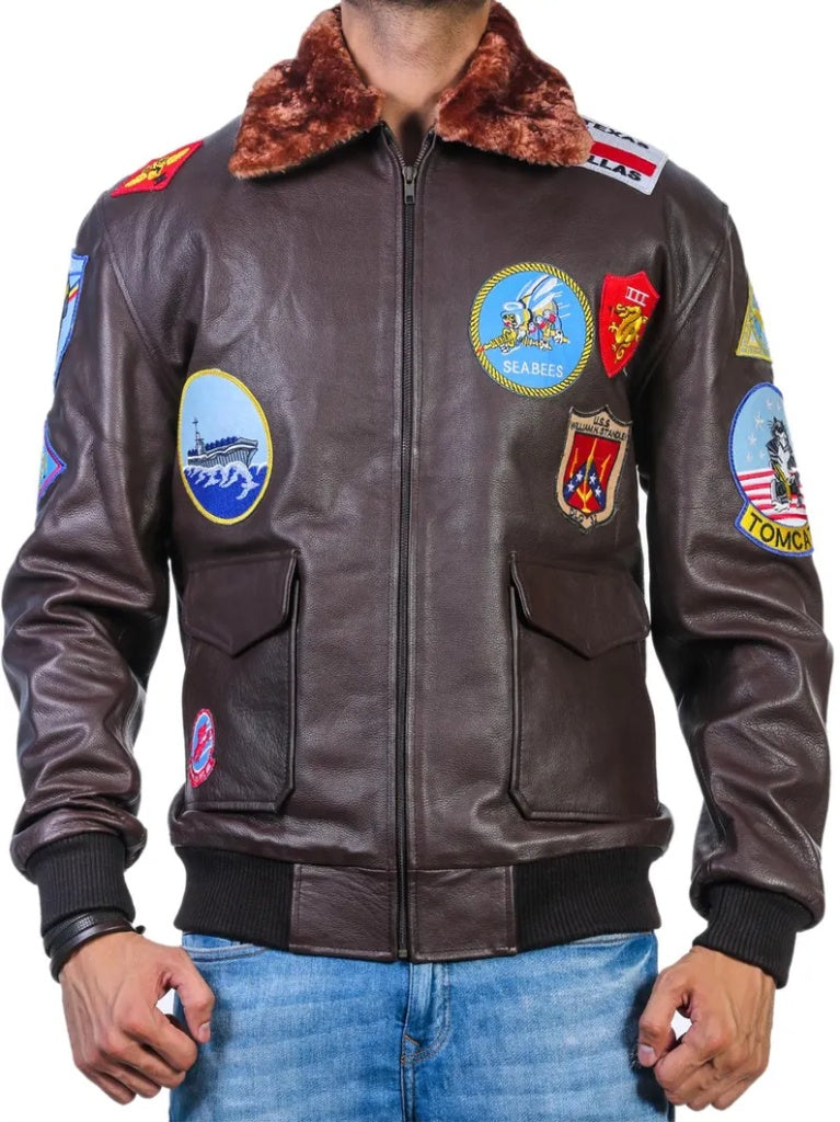 Men's G-1 Tom Cruise Maverick Brown Leather Flight Jacket with Patches