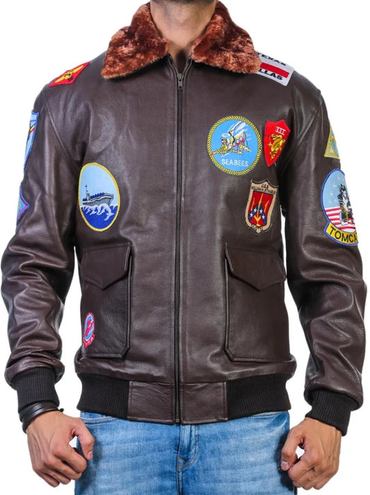 Men's G-1 Tom Cruise Maverick Brown Leather Flight Jacket with Patches