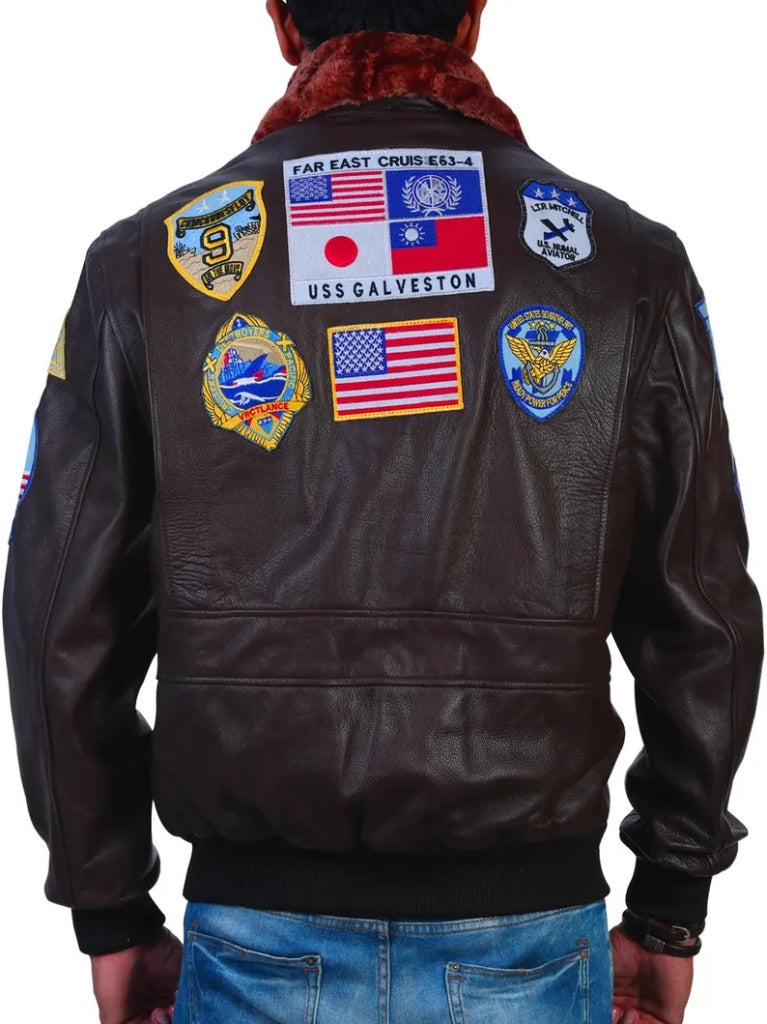 Men's G-1 Tom Cruise Maverick Brown Leather Flight Jacket with Patches