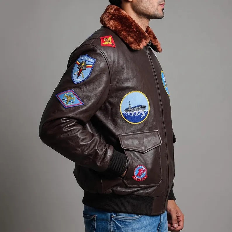 Men's G-1 Tom Cruise Maverick Brown Leather Flight Jacket with Patches