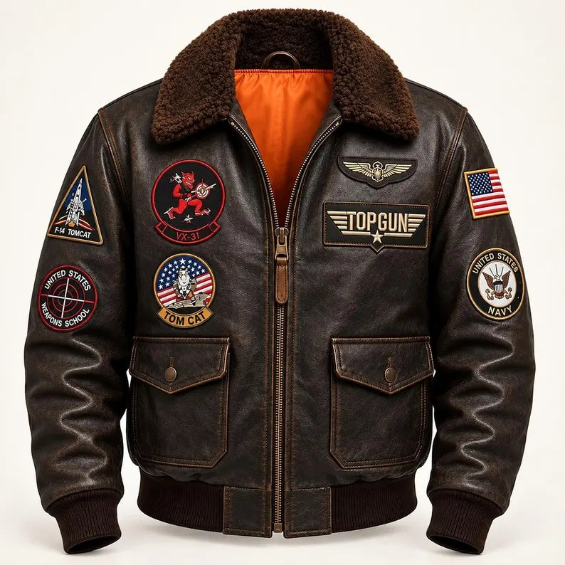 Men's Vintage Brown Faux/Genuine Leather Top Gun Flight Bomber Jacket with Fur Collar and Military Patches