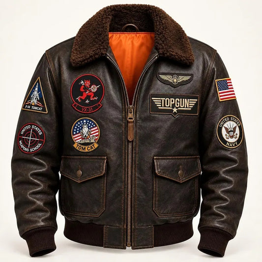Men's Vintage Brown Faux/Genuine Leather Top Gun Flight Bomber Jacket with Fur Collar and Military Patches
