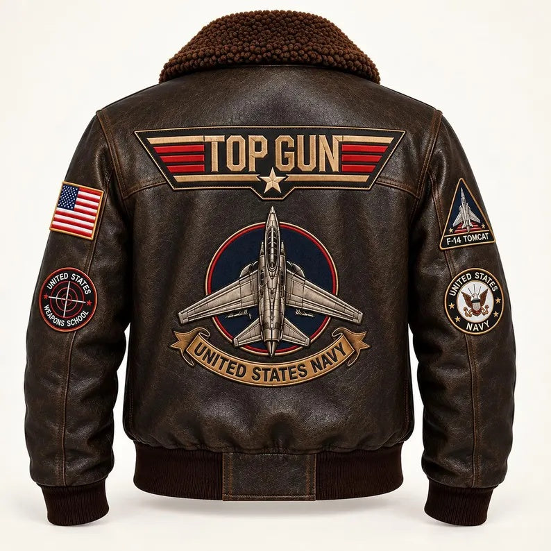 Men's Vintage Brown Faux/Genuine Leather Top Gun Flight Bomber Jacket with Fur Collar and Military Patches