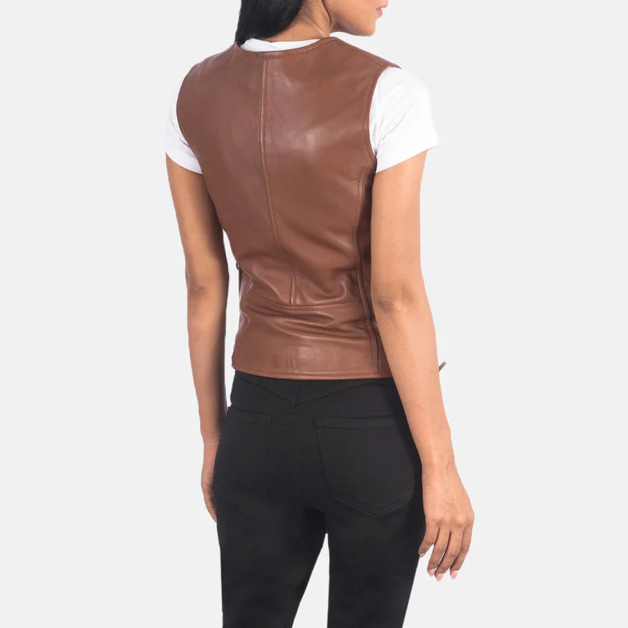 Women's Brown Leather Biker Vest with Side Lacing and Zipper Pockets