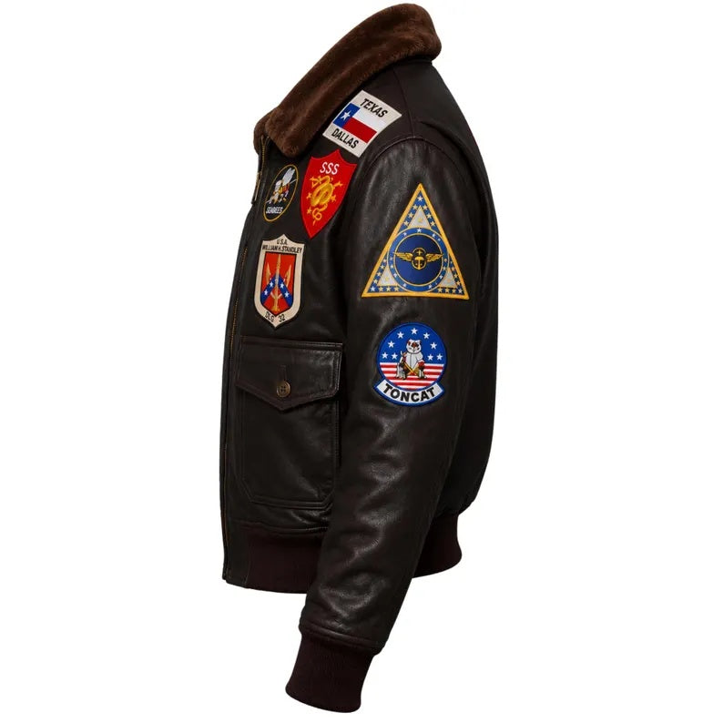 Men's Vintage Brown Leather Flight Bomber Jacket with Military Patches and Fur Collar