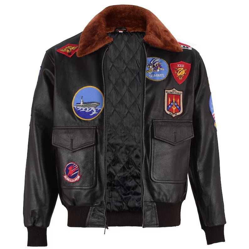Men's Movie-Inspired G-1 Black Leather Flight Jacket with Embroidered Patches and Fur Collar