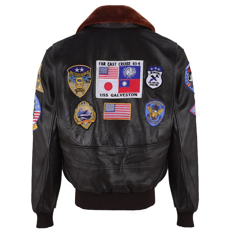Men's Movie-Inspired G-1 Black Leather Flight Jacket with Embroidered Patches and Fur Collar