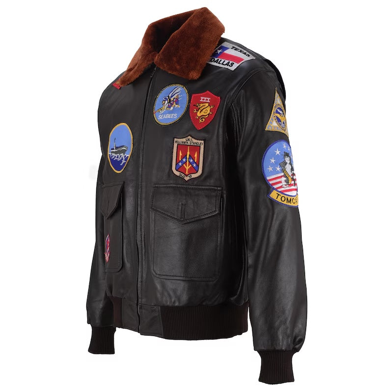 Men's Movie-Inspired G-1 Black Leather Flight Jacket with Embroidered Patches and Fur Collar