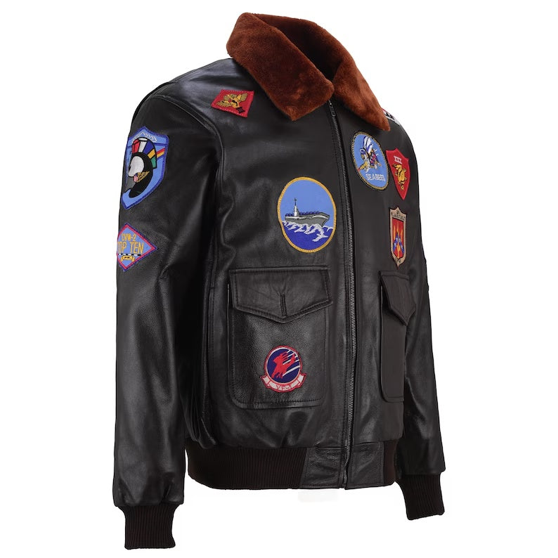Men's Movie-Inspired G-1 Black Leather Flight Jacket with Embroidered Patches and Fur Collar