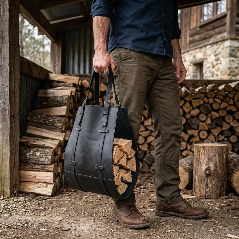 Premium Genuine Leather Firewood Carrier & Log Tote Bag