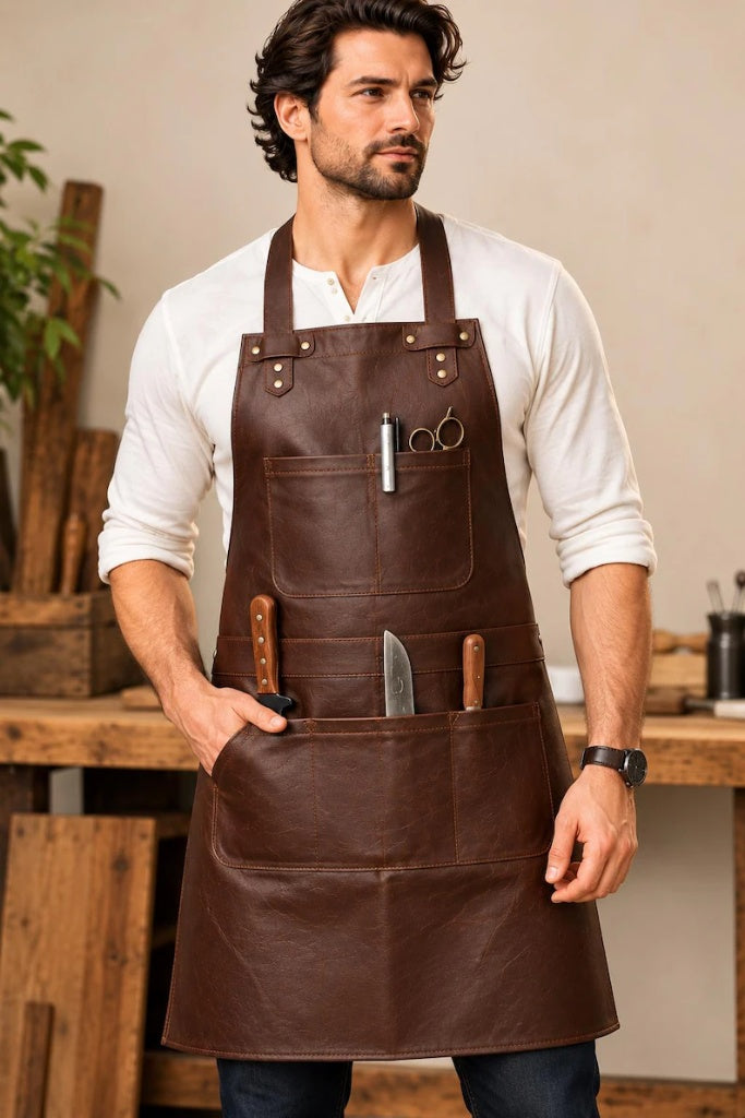 Genuine Leather Chef Apron with Utility Pockets & Adjustable Straps – Heavy Duty Work Apron for Cooking, Grilling, BBQ & Woodworking