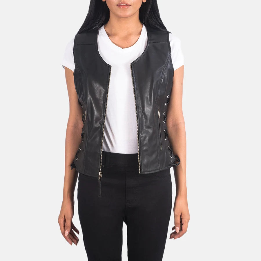 Women's Black Leather Biker Vest with Side Laces