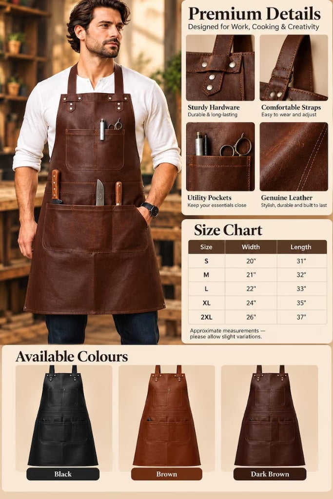 Genuine Leather Chef Apron with Utility Pockets & Adjustable Straps – Heavy Duty Work Apron for Cooking, Grilling, BBQ & Woodworking