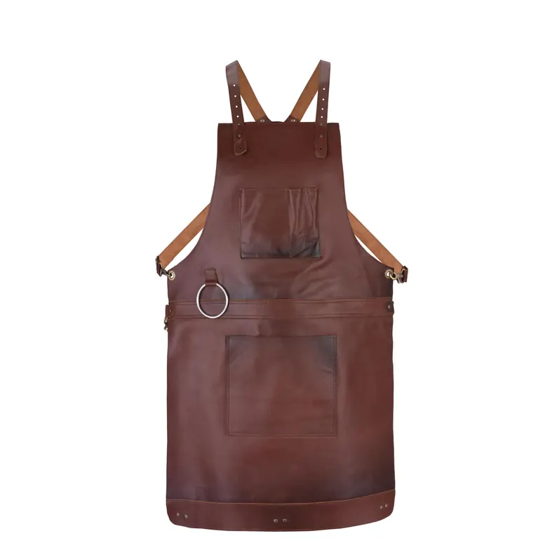 Premium Genuine Leather Work Apron – Heavy-Duty Cross-Back Apron with Utility Pockets & Towel Ring for Chefs, Barbers, Woodworkers, & BBQ