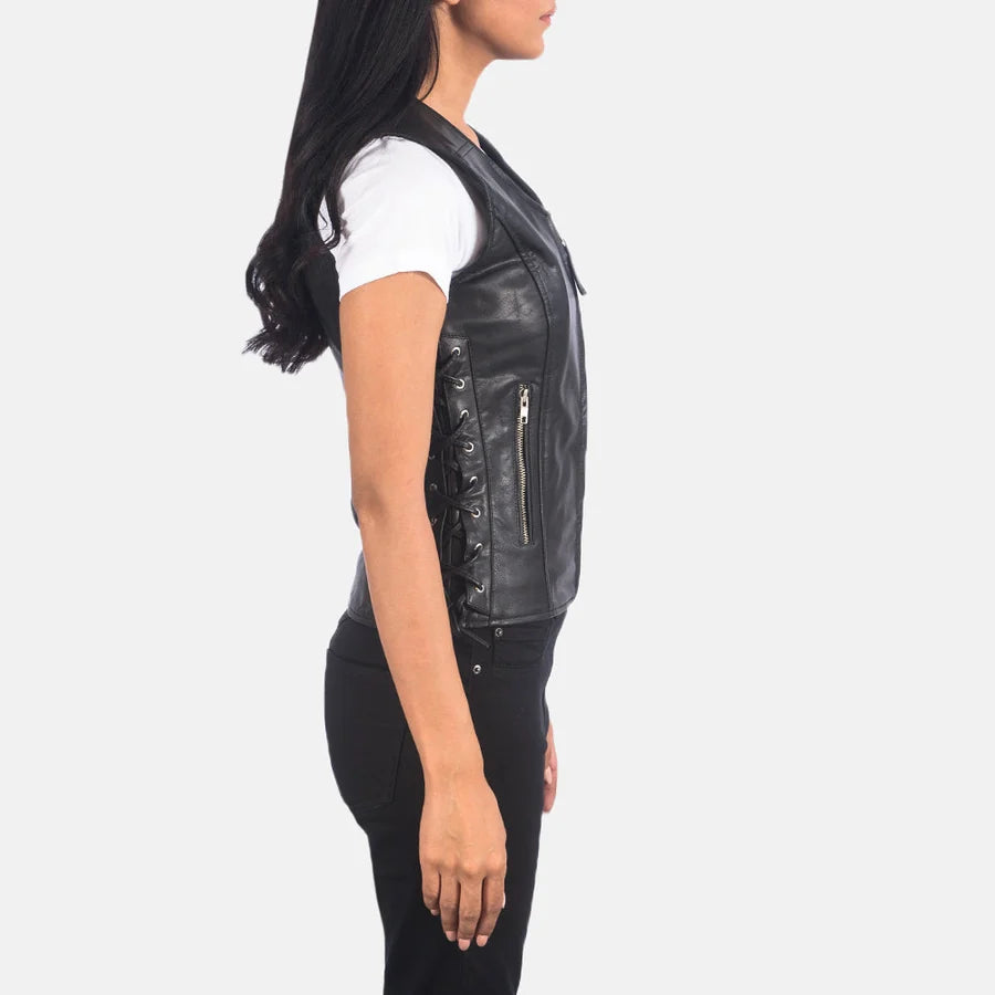 Women's Black Leather Biker Vest with Side Laces