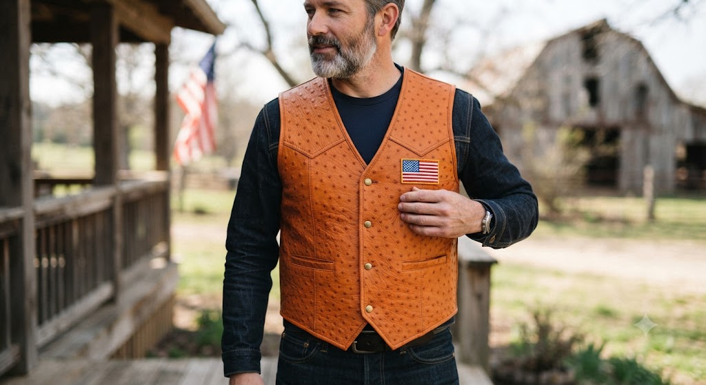 Men's Genuine Ostrich Leather Western Vest with American Flag Patch