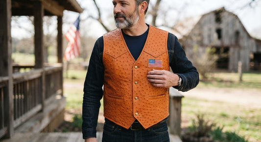 Men's Genuine Ostrich Leather Western Vest with American Flag Patch