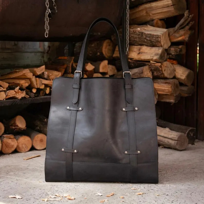 Premium Genuine Leather Firewood Carrier & Log Tote Bag