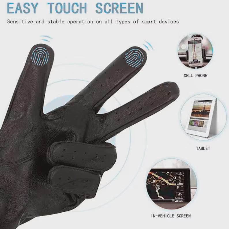 Men's Premium Black Leather Car Driving Gloves with Touchscreen Compatibility and Breathable Pores